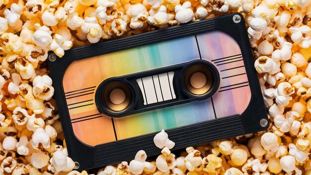 Photo une cassette vidéo avec du pop-corn.