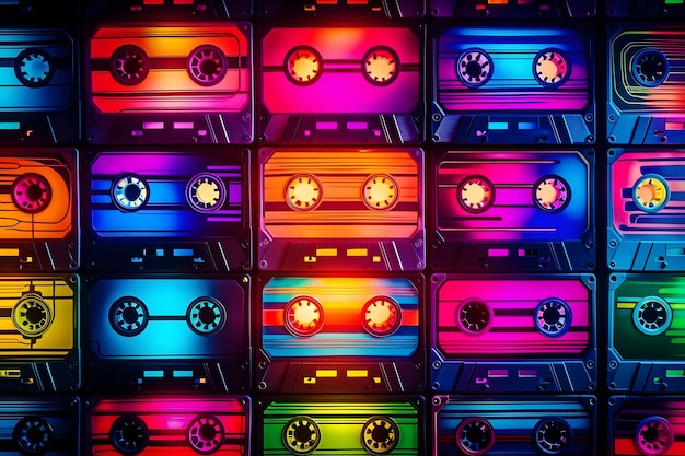 Photo des cassettes au néon vibrantes, un motif rétro nostalgique dans une composition colorée.