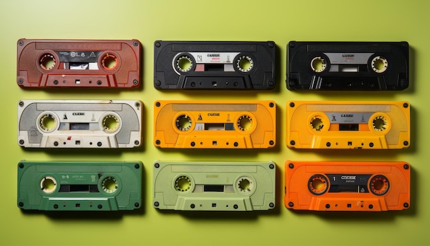 Cassettes old school d'affilée sur fond vert lime