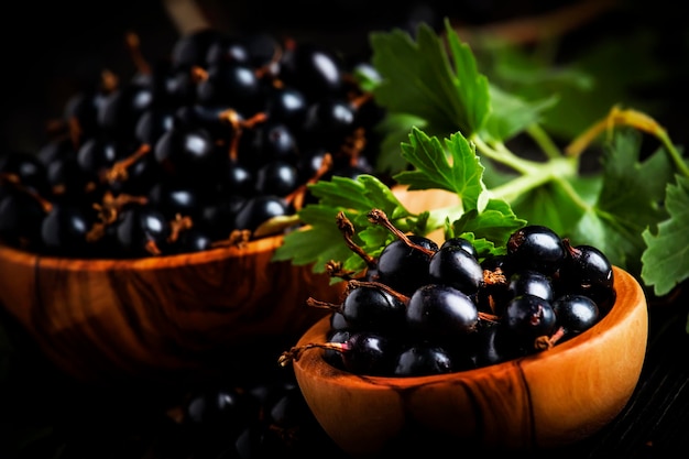 Cassis frais dans des bols en bois sur fond de table de cuisine noire copie espace mise au point sélective