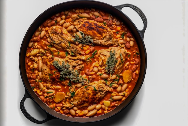 Cassoulet classique avec de la viande de haricots et une garniture de chapelure croustillante