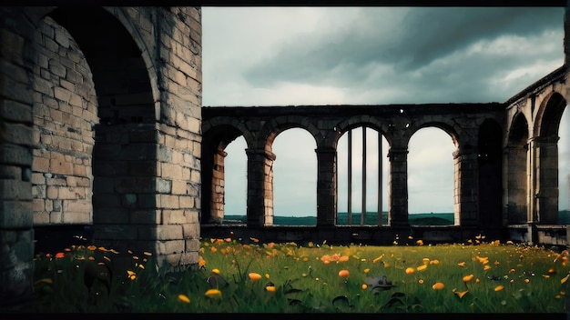 Castille abandonnée avec de la mousse et des fleurs