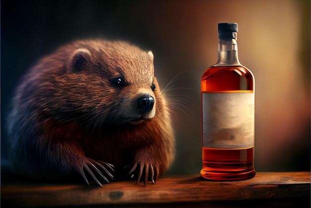 Un castor et une bouteille de whisky