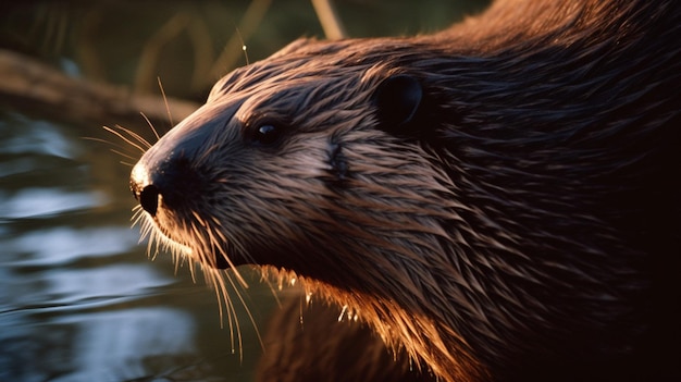 Un castor dans l'eau avec le soleil qui brille sur son visage.