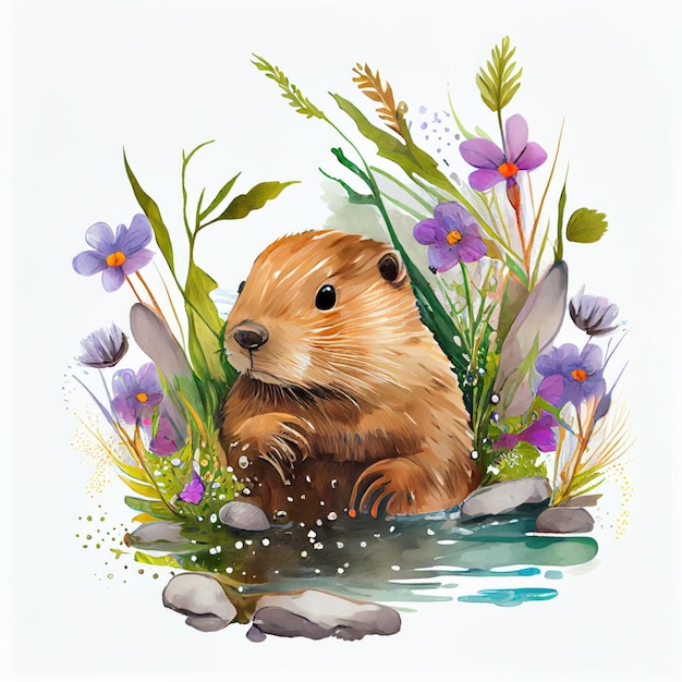 castor avec de l'eau et plein de fleurs aquarelle