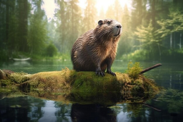 Un castor est assis sur une île moussue dans une forêt.