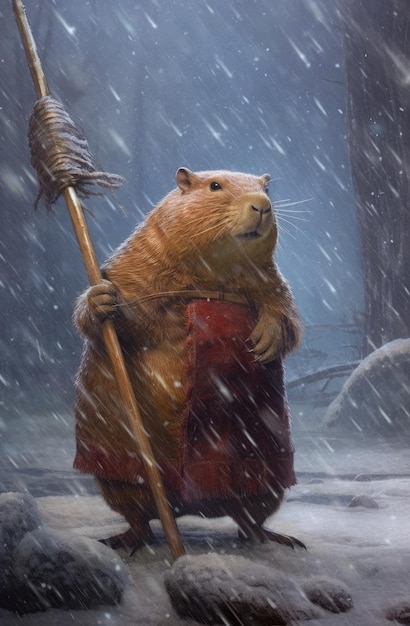 Un castor en robe rouge tient une lance dans la neige.