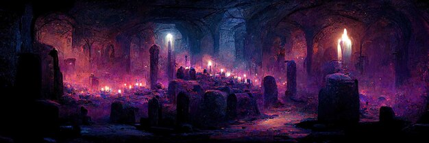 Catacombes médiévales sans fin effrayantes avec des torches. Cauchemar mystique. Rendu 3D. Peinture numérique