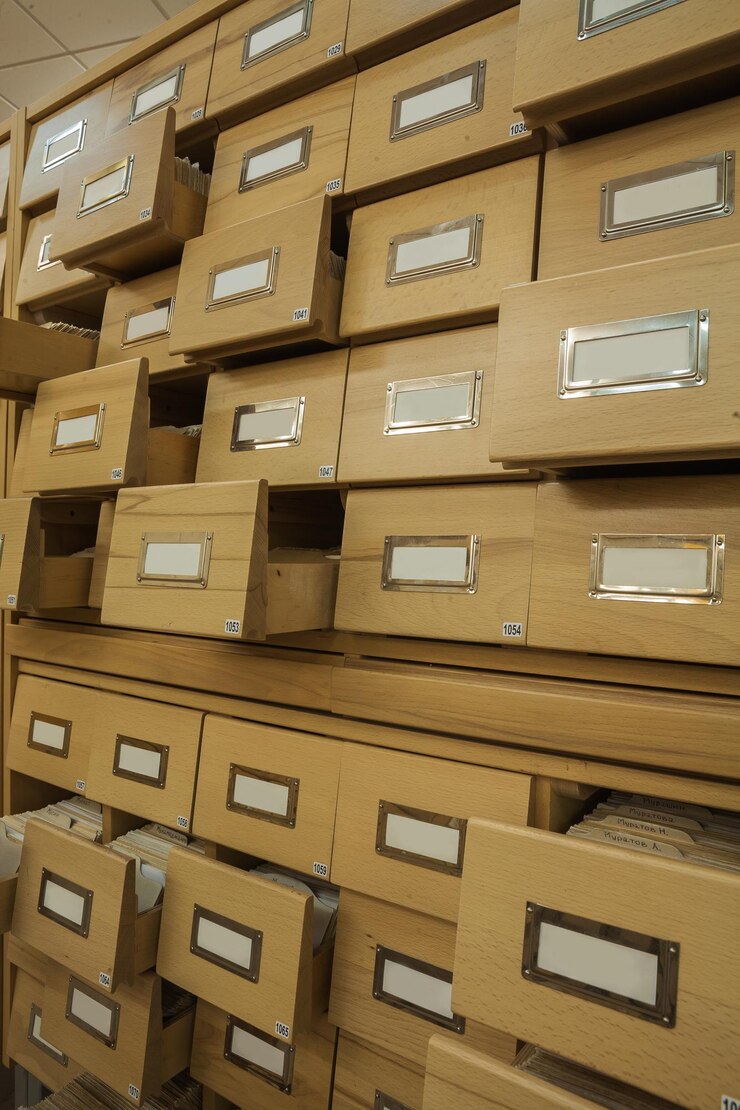Photo catalogue de cartes en bois de bibliothèque avec caisses ouvertes