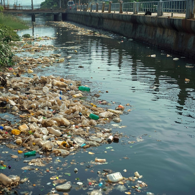 Photo catastrophe au bord de l'eau pollution par les déchets plastiques évidente dans le réservoir pour les médias sociaux