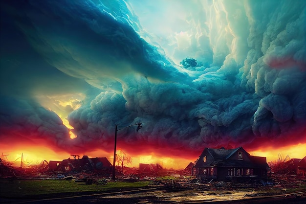 Photo catastrophe naturelle avec un ouragan et une forte tempête qui endommage les bâtiments illustration 3d