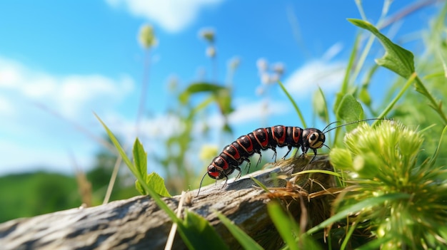 Caterpillar noir et orange sur bois Une scène naturelle réaliste