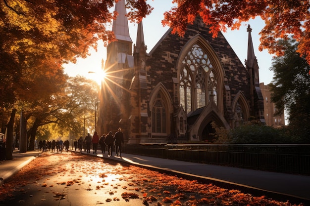 Cathédrale gothique entourée d'arbres fidèles et de vitraux génératifs IA