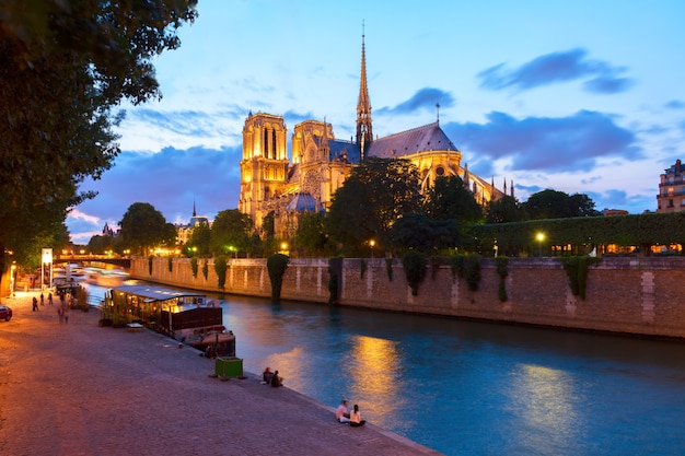 Cathédrale Notre Dame et Seine la nuit, Paris, France