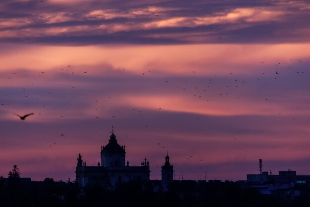 La cathédrale Saint-Georges dans la ville de Lviv à l'aube Ukraine Ciel cramoisi à l'aube