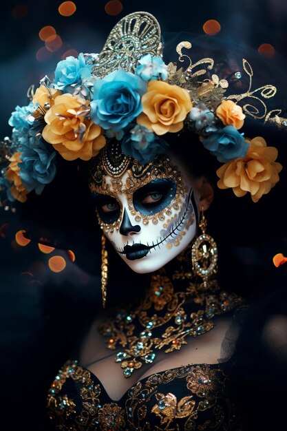 Une catrina élégante avec des bijoux et des fleurs.