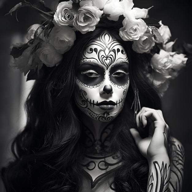 Catrina jour des morts maquillage cheveux longs ondulés couronne de fleurs hyper réaliste noir et blanc