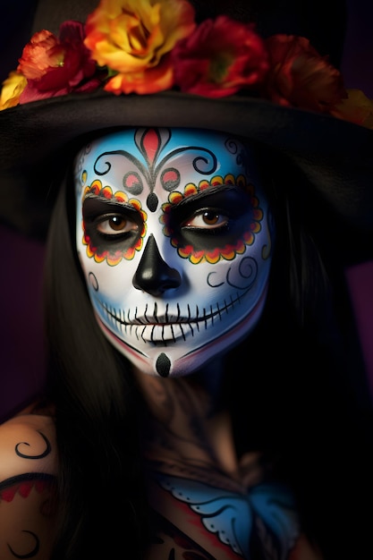 La catrinabeautiful woman in sugar skull face paint portant un chapeau haut de forme