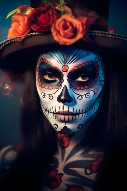 La catrinabeautiful woman in sugar skull face paint portant un chapeau haut de forme