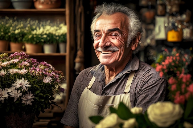 Caucasien homme souriant vendeur dans un magasin de fleurs