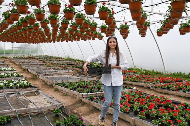 Caucasien jeune adulte fleuriste femme tenant la boîte avec des fleurs tout en se tenant dans la grande serre