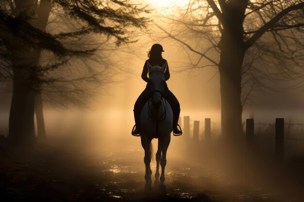 Un cavalier sur un cheval blanc au coucher du soleil dans un jardin