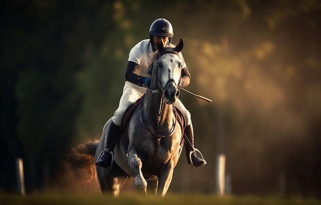 Cavalier à cheval sautant par-dessus un obstacle avec une IA générée