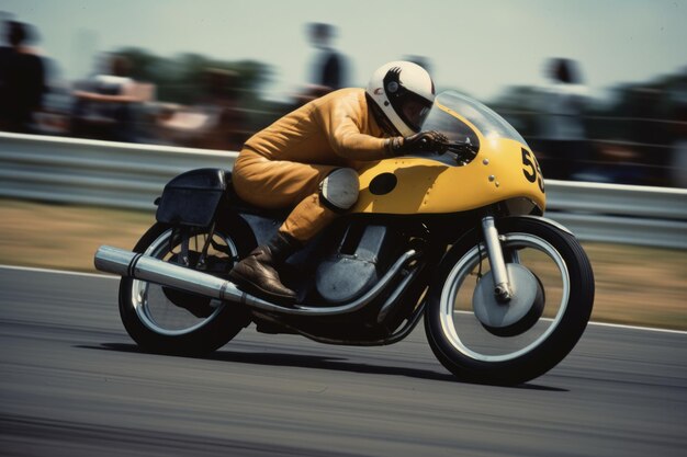 Cavalier en costume jaune sur vélo de course vintage jaune et noir