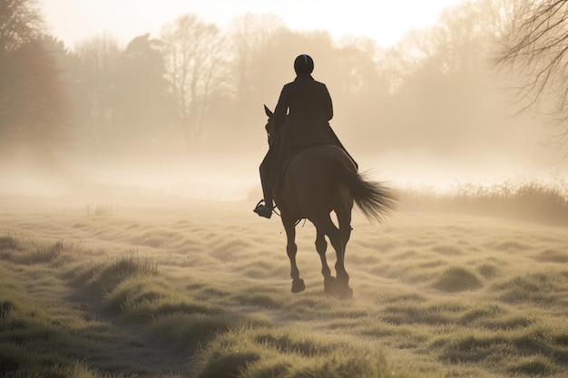 Un cavalier portant un manteau noir sur un cheval trottant sur un matin brumeux à travers une prairie de rosée