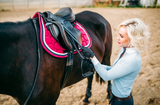 Cavalier prépare une selle de cheval,