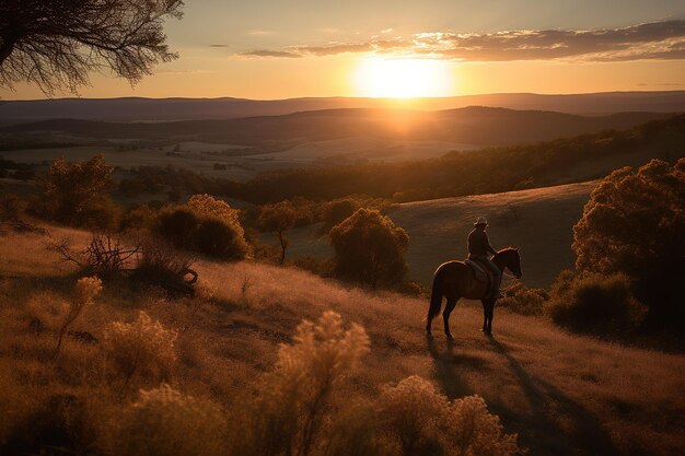 Un cavalier se retire à cheval à travers des collines vallonnées