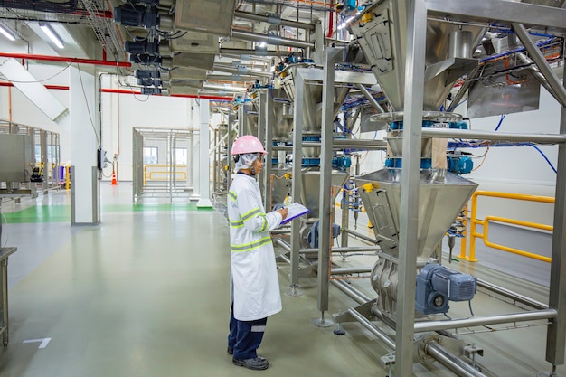 Cave à poudre de processus d'inspection du travail masculin à l'usine avec réservoirs verticaux en acier inoxydable