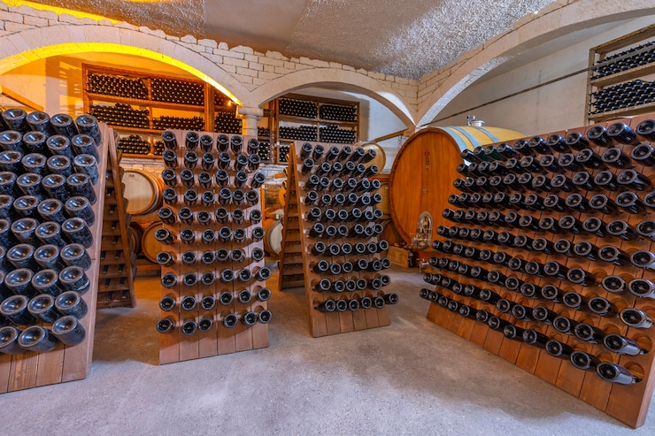Photo cave à vin avec barriques et bouteilles