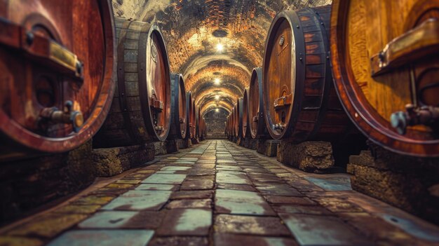 Une cave à vin d'époque avec des barils de chêne alignés dans une ancienne voûte