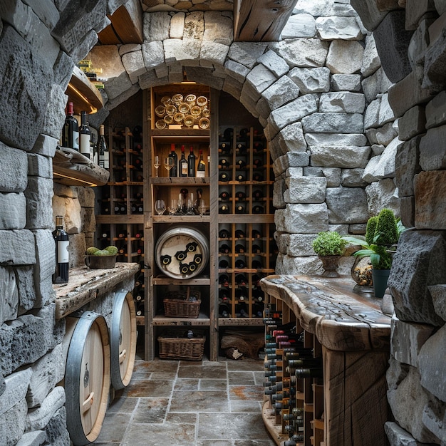 Une cave à vin rustique avec des murs en pierre et des étagères en bois