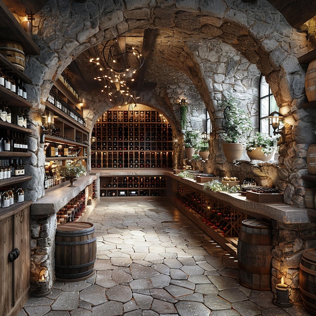 Une cave à vin rustique avec des murs en pierre et des étagères à vin en bois.