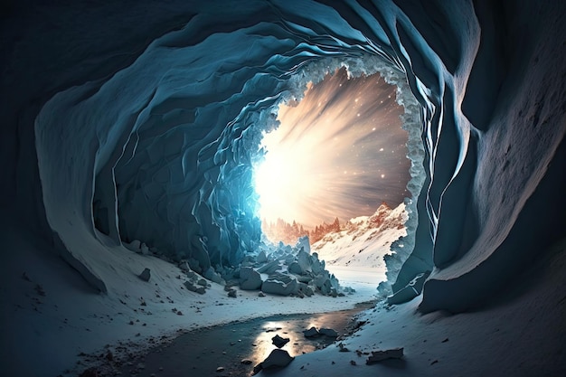 Une caverne gelée éclairée par un faisceau de lumière traversant un trou dans le plafond créé avec