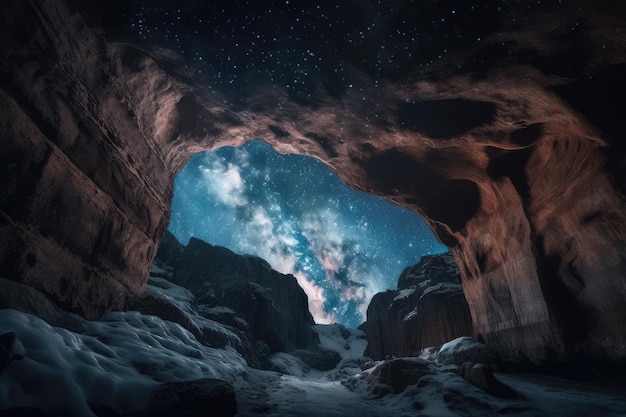 Caverne gelée avec vue sur le ciel nocturne et les étoiles visibles ci-dessus créées avec une IA générative