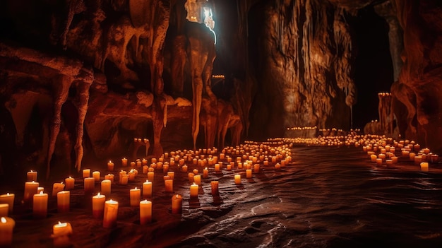 Caverne illuminée avec des bougies fondues et des couleurs vibrantes