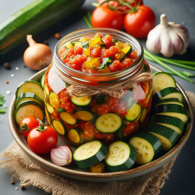 Caviar fait maison à partir de tomates, de courgettes et d'oignons dans une assiette en céramique sur un fond gris