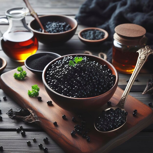 caviar noir dans un bol sur fond de bois