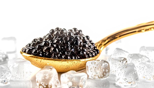 Caviar noir dans une cuillère dorée sur des cubes de glace isolés sur fond blanc