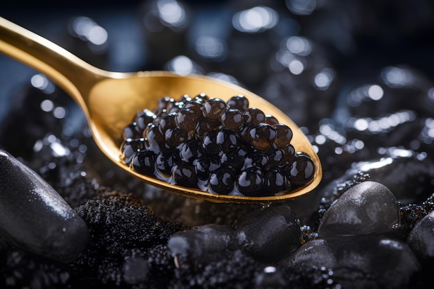 Caviar noir dans une cuillère dorée Texture de caviar de luxe coûteux sur fond sombre Illustration d'IA générative
