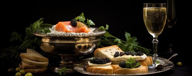 Caviar noir dans des sandwichs au bol et du champagne avec un fond sombre