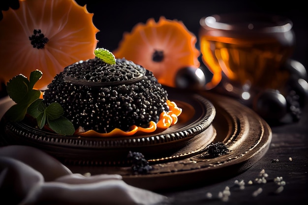 Caviar noir en forme de citrouille sur fond noir IA générative