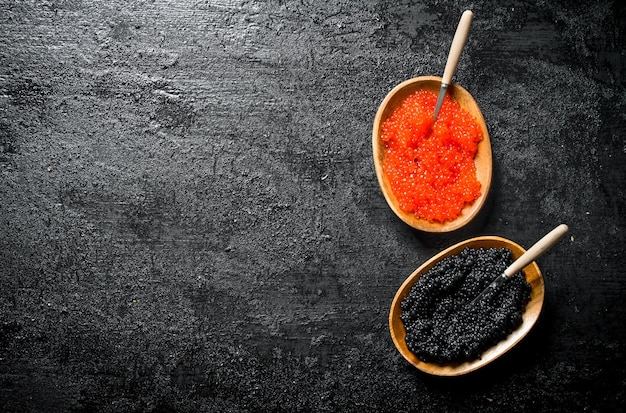 Caviar noir et rouge dans des bols avec des cuillères