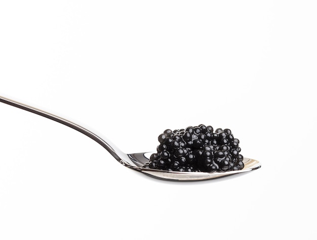 Caviar de paddlefish noir granuleux frais dans une cuillère en métal sur fond blanc, Close up