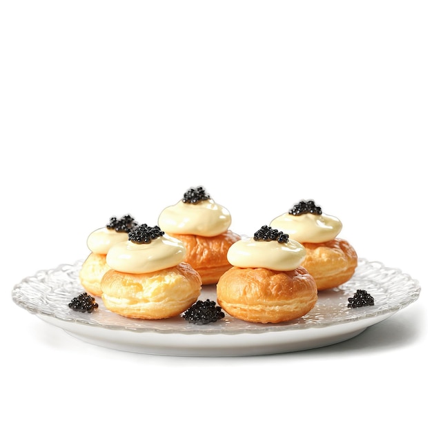 Caviar profiteroles choux pâtisseries bouffées œufs d'esturgeon crème tachée remplissage dans plat de verre isolé sur