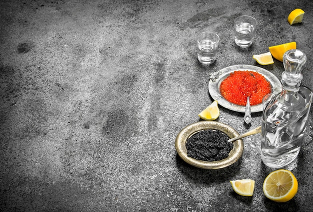 Caviar rouge et noir avec de la vodka sur table rustique.