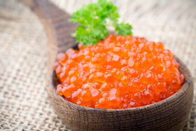 Caviar de saumon avec cuillère sur fond gris.